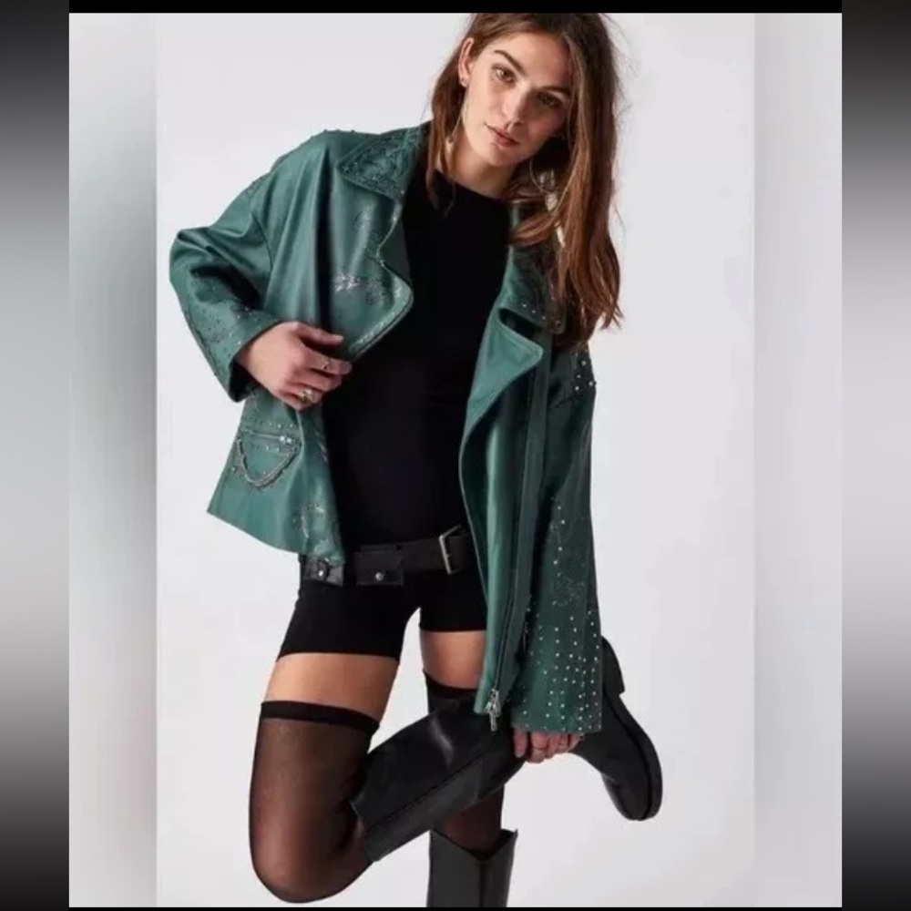 Free People X Brenda Knight Chain Embellished Zip Turquoise Leather Biker Jacket